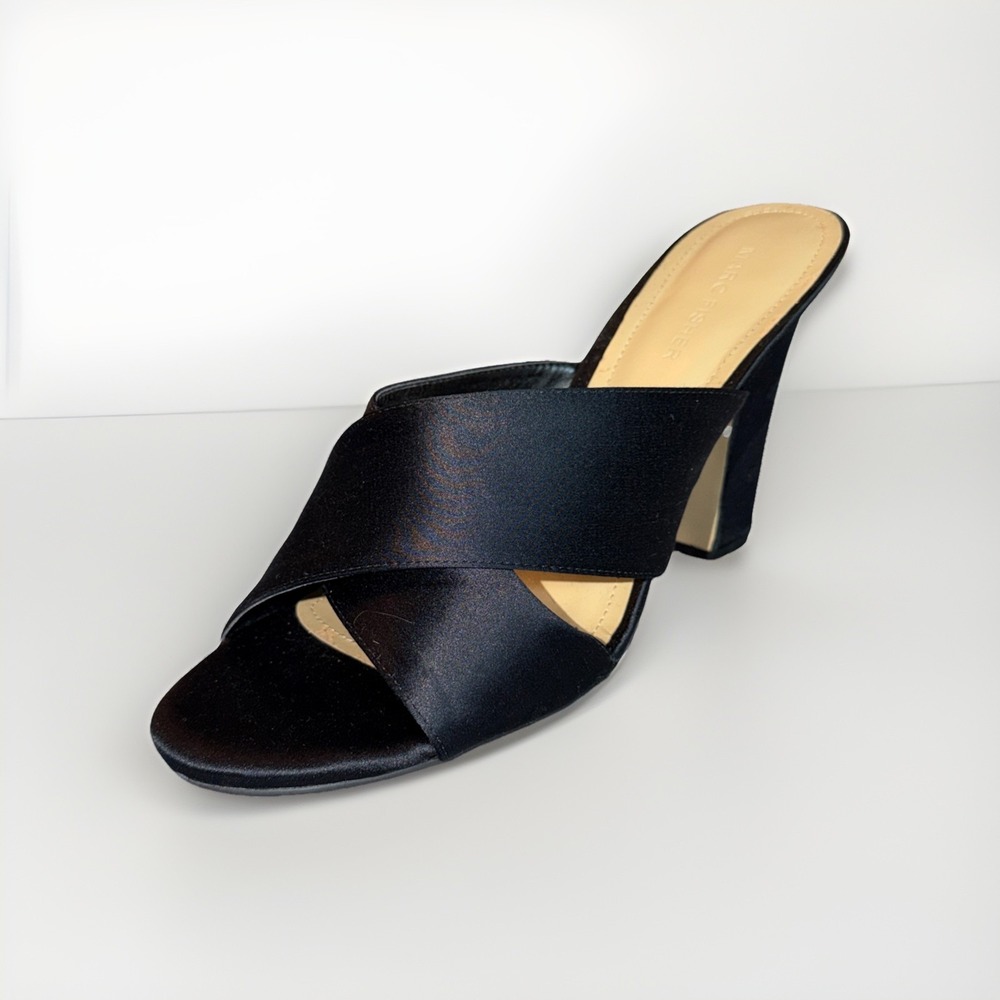 Marc Fisher Woman's Jazzia Black Satin Mules/Heels Size 11 Criss-Cross Open Toe